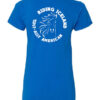 A blue shirt with a horse and the words " riding iceland " on it.